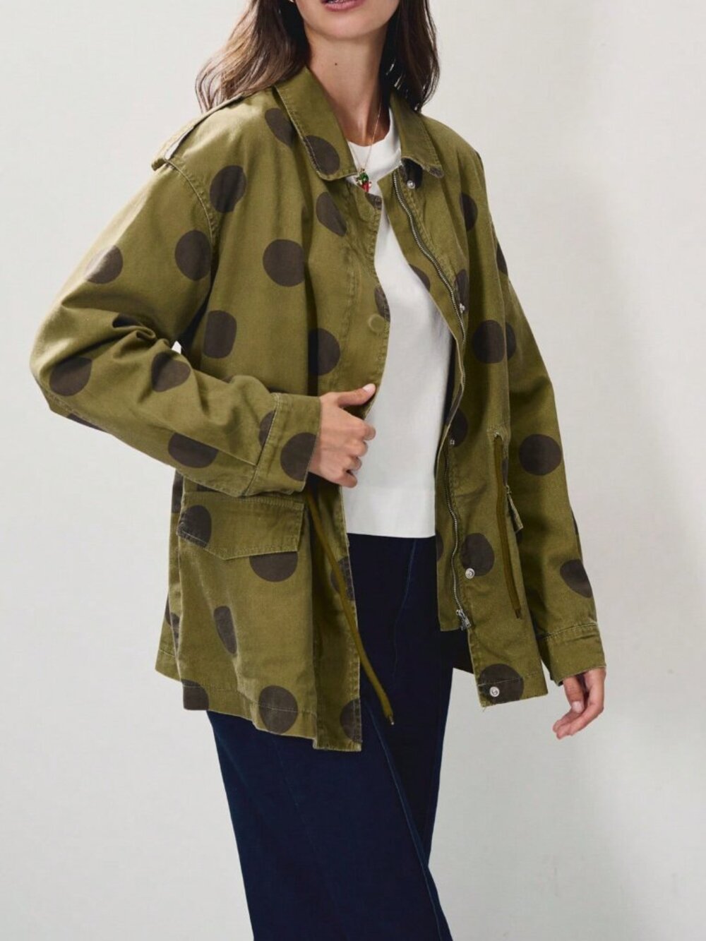 Olive Green Casual Women's Polka Dot Utility Jacket